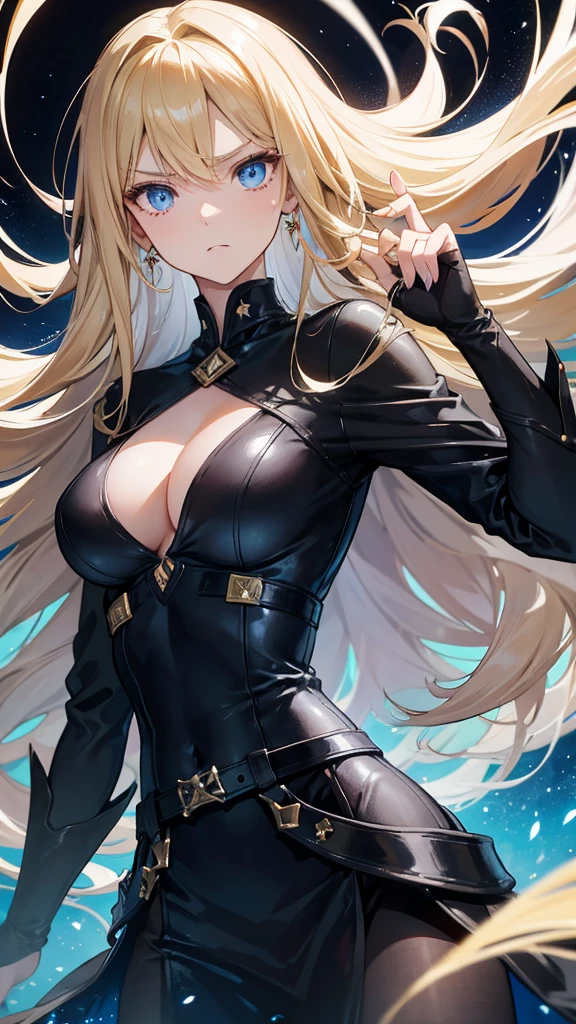 Nara Vor EndField has long, flowing blonde hair that reaches her waist and piercing blue eyes, reflecting intelligence and sharpness. She wears a simple yet stylish black dress with a high collar and a belt at the waist, adding a touch of elegance. Her serious and focused expression suggests determination and readiness for a challenge. The abstract, glowing background enhances the mysterious and dramatic aura surrounding her, emphasizing her strong and charismatic presence.