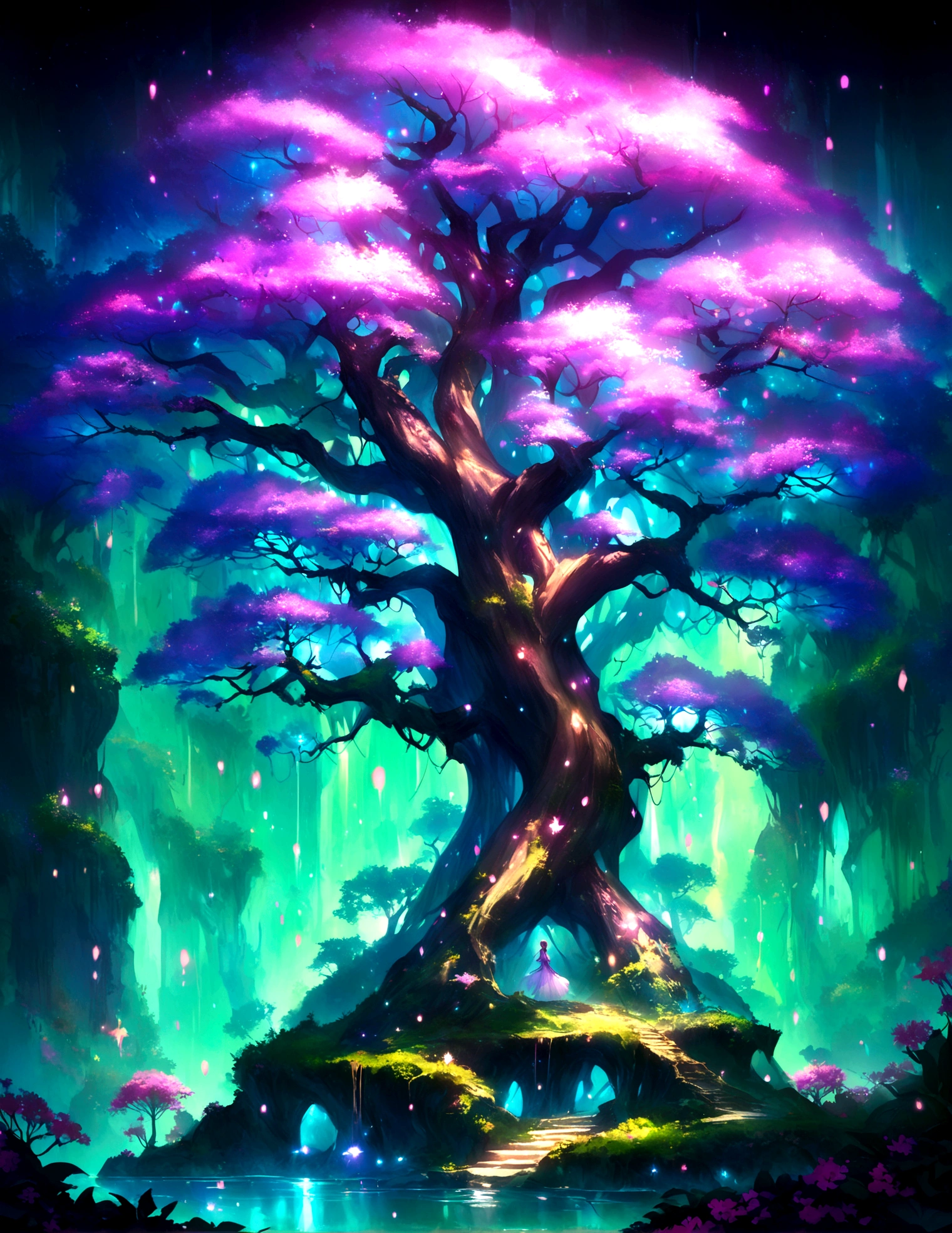 Painting of a tree with lights on the branches, Concept Art:Yang J, Trending on CGSociety, Fantasy art, Magic Tree, fantasy gorgeous lighting, So magical and dreamy, Magical atmosphere, . Fantastic Light, Magical Environment, Magic Tree, Enchanted and magical forest, enchanted magical fantasy forest, Fantasy Tree, magical fantasy forest, very beautiful Fantasy art, Fairy-like atmosphere
