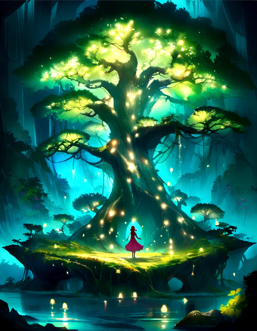 Painting of a tree with lights on the branches, Concept Art:Yang J, Trending on CGSociety, Fantasy art, Magic Tree, fantasy gorgeous lighting, So magical and dreamy, Magical atmosphere, . Fantastic Light, Magical Environment, Magic Tree, Enchanted and magical forest, enchanted magical fantasy forest, Fantasy Tree, magical fantasy forest, very beautiful Fantasy art, Fairy-like atmosphere