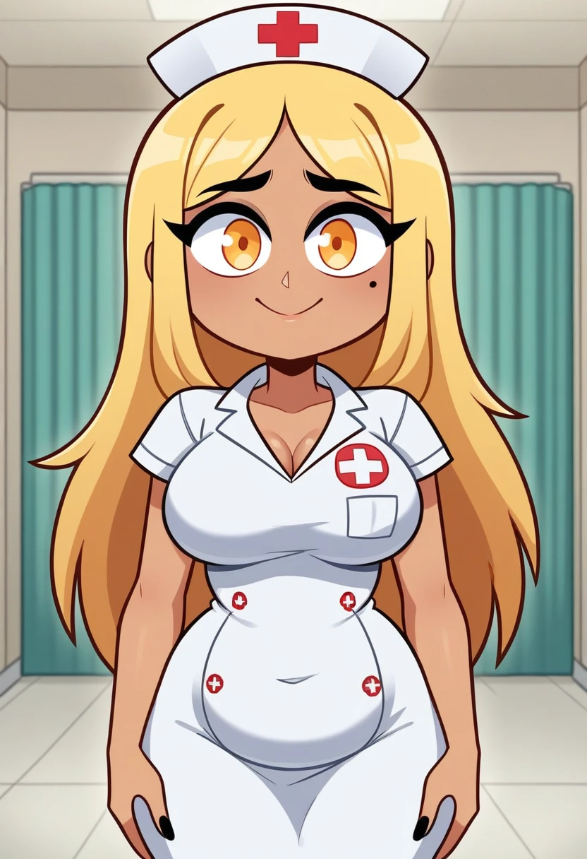 Expressiveh, egirlthot, chibiIcon, , score_9, score_8_up, score_8, (top quality,8k wallpaper),(masterpiece,best quality:1.2), ((source_anime, anime)), 1girl, , goat pupils, ((blonde hair, long hair, )), old, mother, milf, nurse , ,, tan skin, makeup, tan skin, saggy breasts, amused eyes, amused smile, , , wide eyes, jealous, jealousy, very jealous, yandere, nurse, nursing, medic, , , blonde eyebrows, indoors, , , egirlthot, , obsessive, , black mascara, black eyeliner, yellow eyes, , , Goth girl, egirlthot, , , big sister, , large eyes, beauty mark, , giggling, laughing, leaning , , athletic , long fingernails,s1z3d1ff_t4lk, taller girl, standing, legs straight, bent forwards, arched back, hands on knees, , [[from below]:0.5], pov, eye contact, chibi, icon, cartoon, big head, wide hips, wide torso, plump, big eyes, big belly, 
