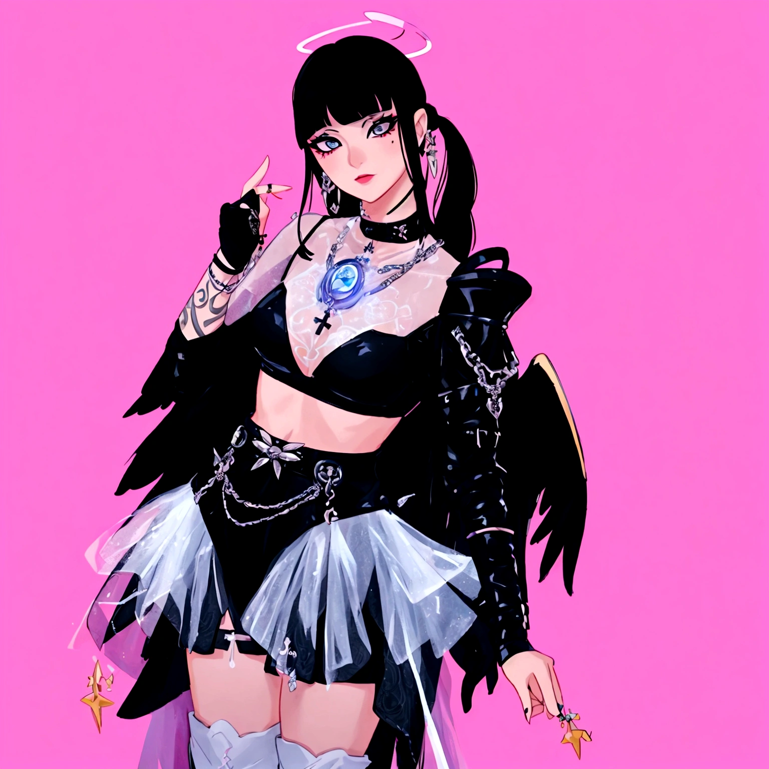 arafed image of a woman in a black outfit, imvu, as a mystical valkyrie, villainess has black angel wings, second life avatar, inspired by Sim Sa-jeong, upper body avatar, goth girl aesthetic, npc with a saint's halo, she has black hair with bangs, portrait of jossi of blackpink