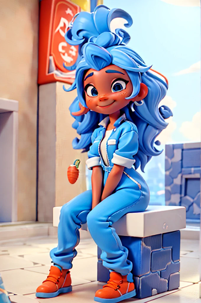 Kizi, 3d, She has curly carrot-colored hair. Your skin is slightly tanned. It has a rounded e. He is dressed in a blue and white striped jumpsuit., sitting, happy, in a square, Park.