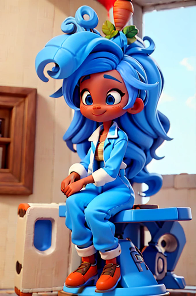 Kizi, 3d, She has curly carrot-colored hair. Your skin is slightly tanned. It has a rounded e. He is dressed in a blue and white striped jumpsuit., sitting, happy, in a square, Park.