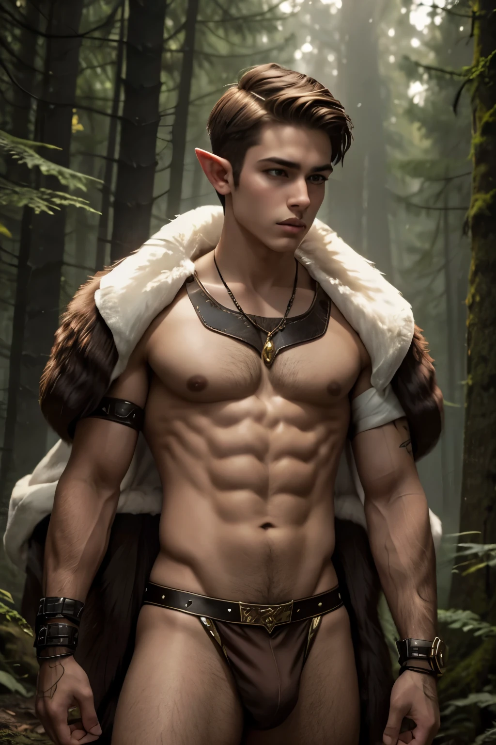 beautiful wild elf teen wearing fur jockstrap, very short brown hair with undercut, dark fantasy forest