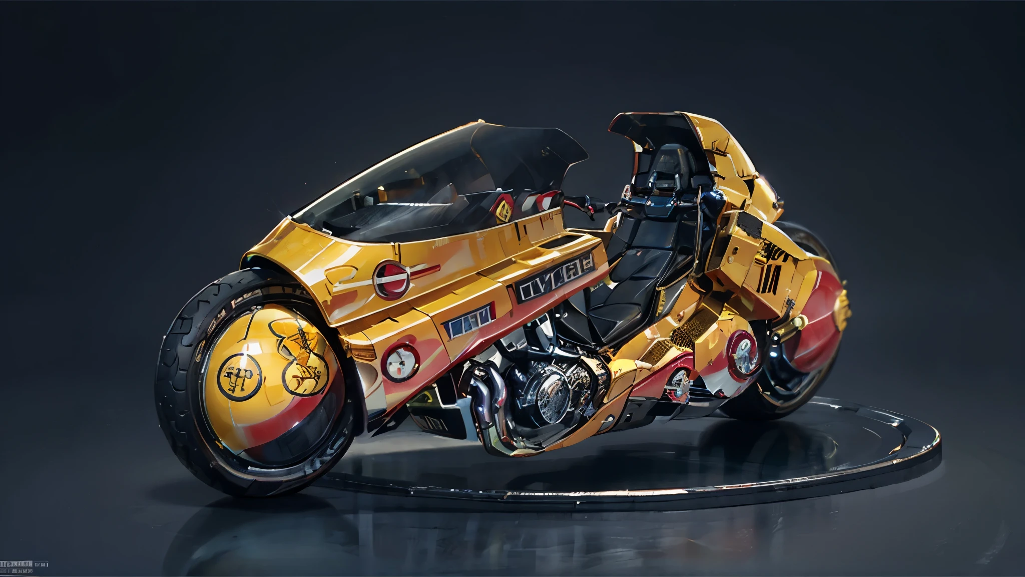 Placed right next to、Photographed from 45 degrees above、Yellow Metallic Bike、Highest quality、Masterpiece、Simple Background