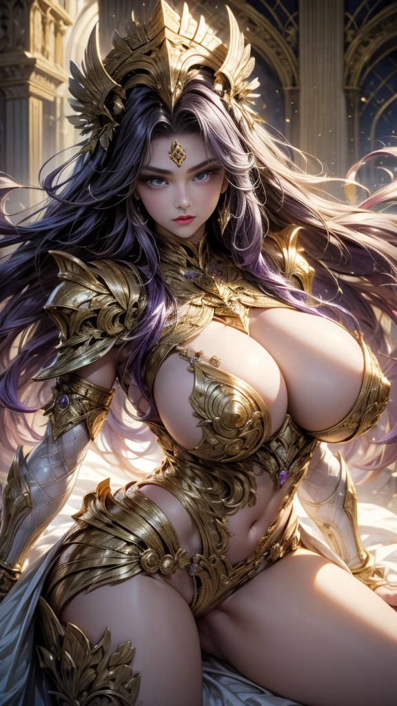 Woman with huge tits, White dress, tight to the body, purple fur, detailed golden saint seiya armor 