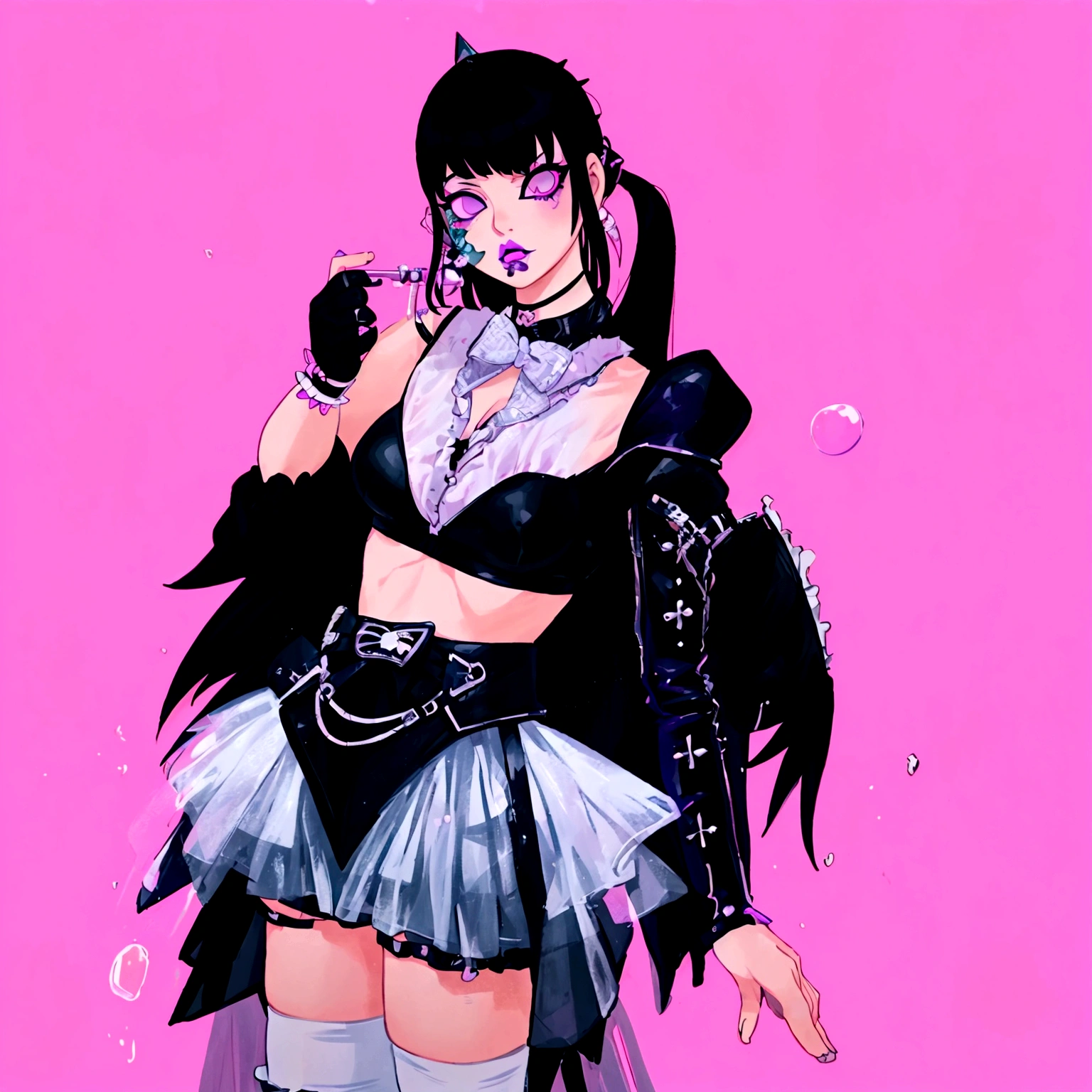 there is a woman in a costume that is standing up, inspired by Awataguchi Takamitsu, bubble goth, glitchpunk girl, inspired by Jin Homura, pastel goth, morrigan, spellcasting pose, dressed in a frilly ((ragged)), goth girl, dollpunk, glamorous tifa lockheart, dressed in punk clothing