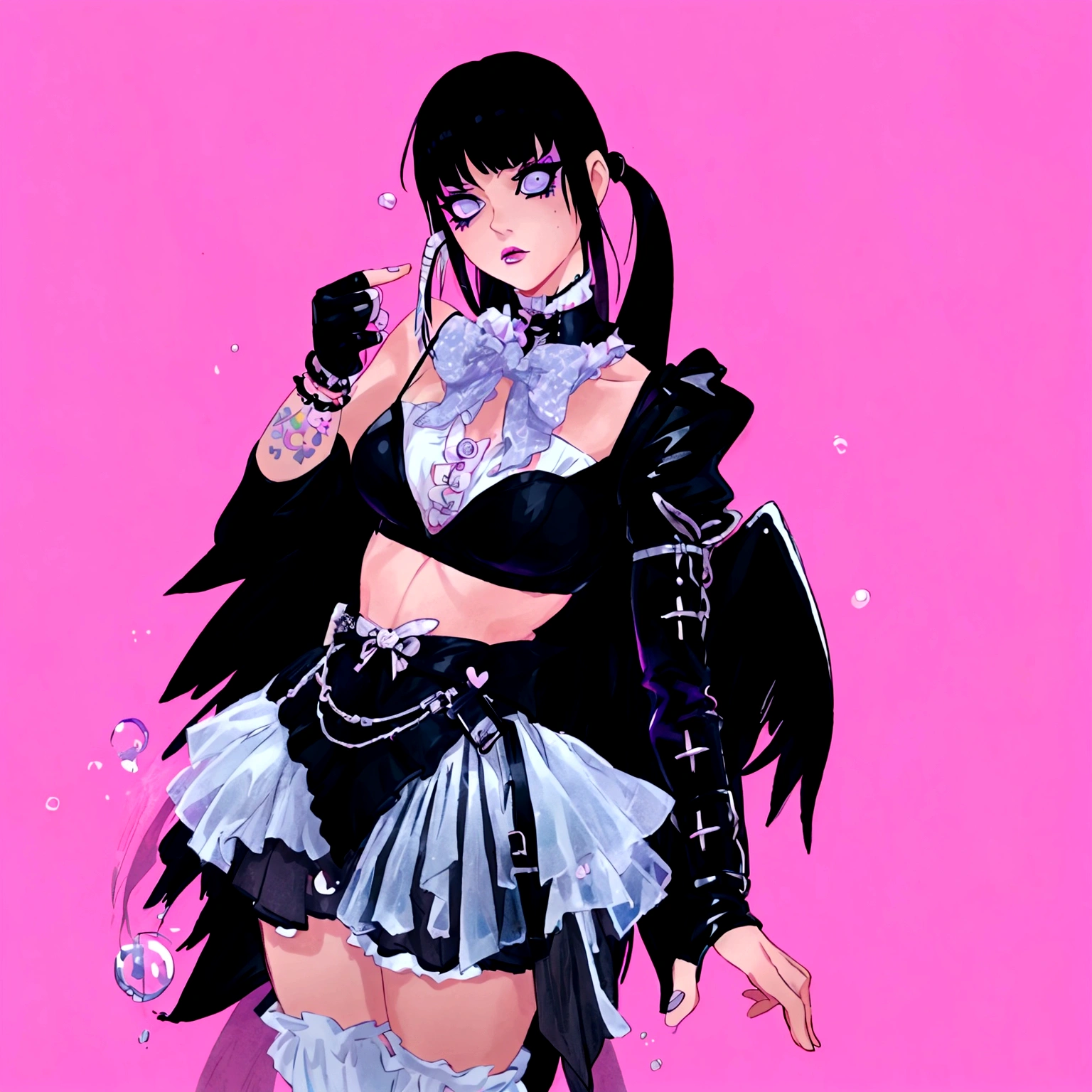 there is a woman in a costume that is standing up, inspired by Awataguchi Takamitsu, bubble goth, glitchpunk girl, inspired by Jin Homura, pastel goth, morrigan, spellcasting pose, dressed in a frilly ((ragged)), goth girl, dollpunk, glamorous tifa lockheart, dressed in punk clothing