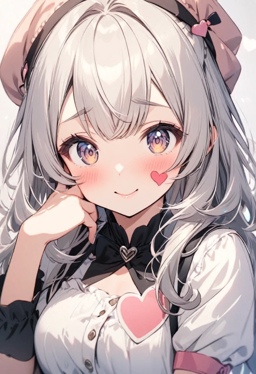Cute girl makes a heart on her cheek with her hand