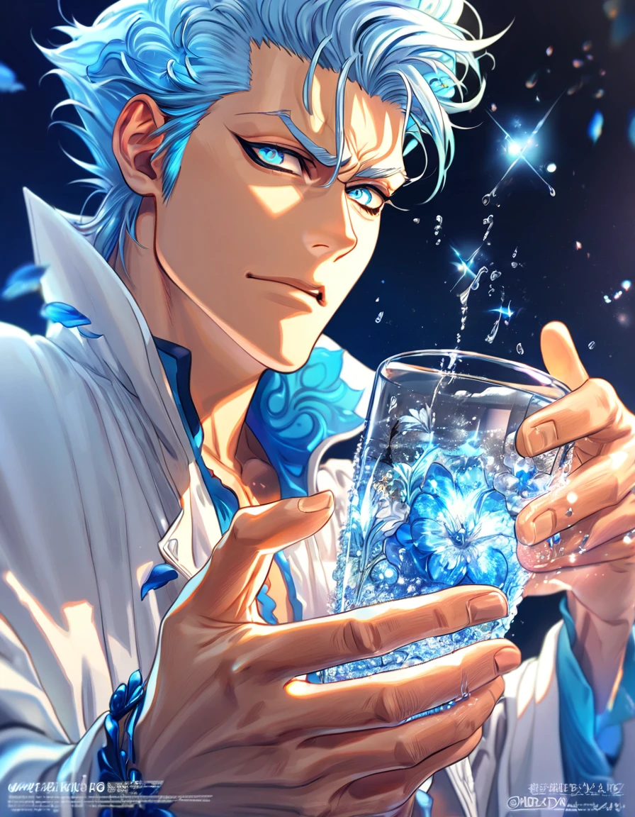 absurdres, highres, ultra detailed, HDR, master piece, best quality, extremely detailed, Grimmjow Jaegerjaquez, light-blue hair, expressive blue eyes, Bleach, solo, sexy man, handsome, white coat, magical, fantasy, glittering, sparkling, glass, blue flowers, blue petals, water, blue moon