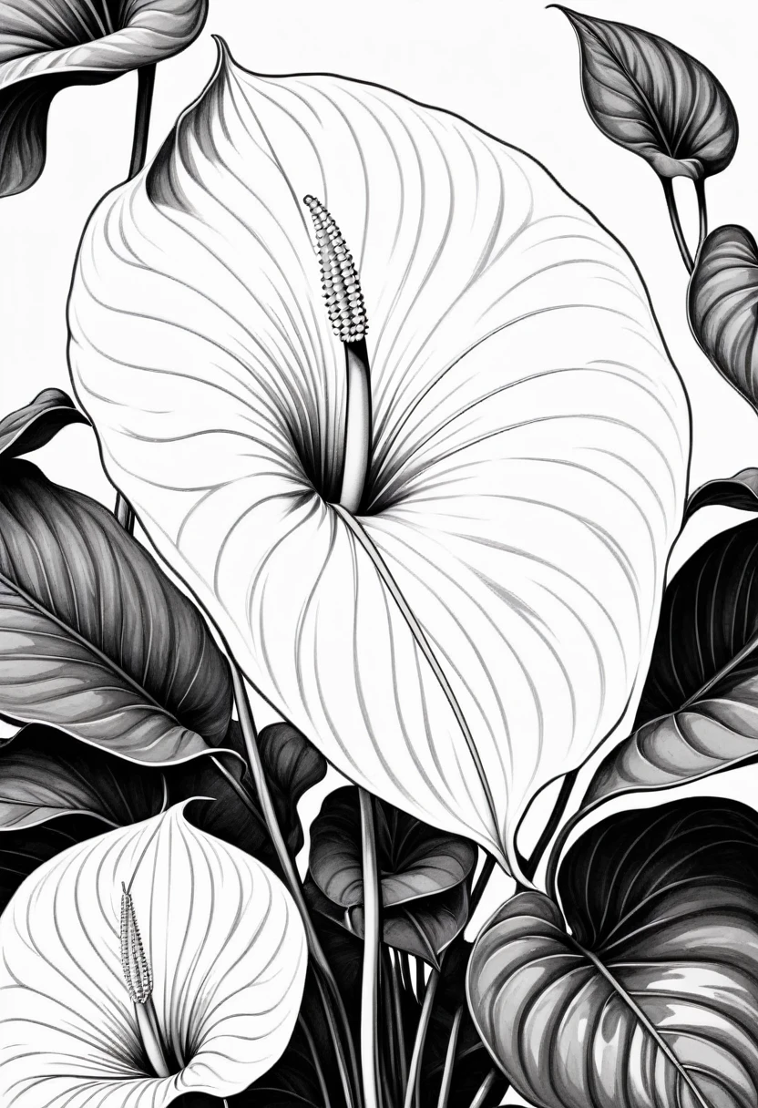 thin line drawing without shading and without black areas, drawing of a "Anthurium", white crumb, On white background, monochrome, black andwhite, no shadows, white background, clear leaves, white sheets, light white leaves