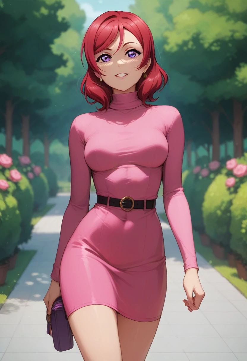 masterpiece, best quality, highres, nishikino maki,purple eyes,red hair, sexy,(lipstick:0.6), pink skinny dress,llchar,love live, turtle neck, breasts apart , walking, thighs,long sleeves