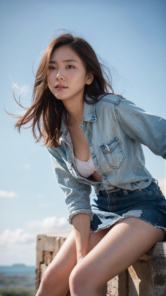 ((Extremely precise and accurate anatomy)), (((Low angle shooting、Looking into the camera:1.22,Leaning forward、Open shirt、No underwear)))、(((8K、Highest quality、masterpiece、Ultra-high resolution)))、(Realistic:1.4)、RAW Photos、(Real skin texture:1.3)、(Film Grain:1.3)、((Are standing、Skirt flutters in strong winds、Under the skirt、Do not bend your legs、don't bend your knees、Spread your thighs、Beachside、))、One Girl、Beautiful and detailed eyes and face、masterpiece、Highest quality、close、thin、Japanese Uniform、dynamic、barefoot、Various poses、