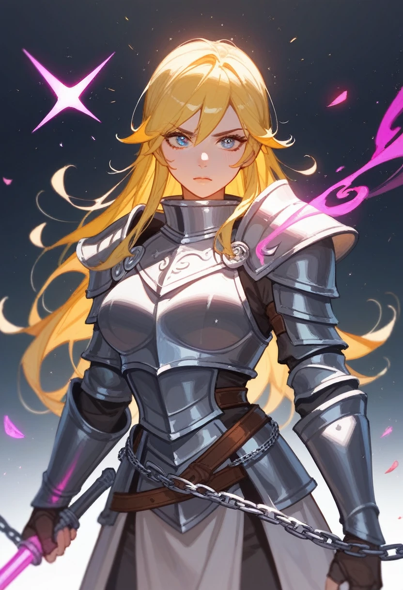 (Fraction_9,Fraction_8_Direction_7_up),1 Woman,Half Body,Yellow hair,silver chain mail,There was a woman in armor,sideways,Long legs,Paladin, Portrait of a Knight Woman, Female Paladin, 幻想 Paladin女人, Female Knight, Female Knight, 中世纪Female Knight, Female Knight, Female Paladin, Magic Knight full map,A determined expression,Beautiful face,