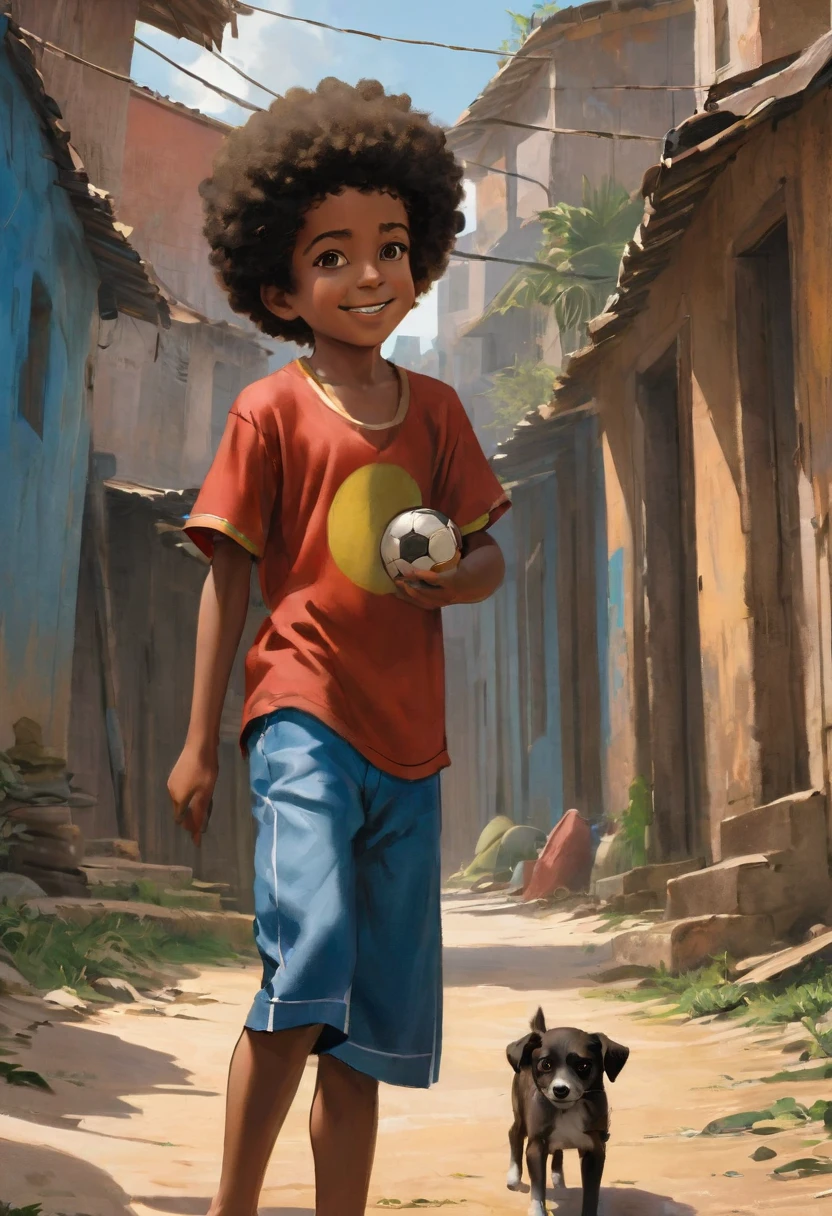A poor Afro-Brazilian boy in a favela of Porto Alegre Rio Grande do Sul Brazil drawn by Todd McFarlane and Greg Capullo, he is wearing old and torn clothes, he is playing with a soccer ball and playing with his little dog, a favela in the background, Robert Downey Jr Reference.., engine unreal, octane rendering, por Jacob Lawrence e Francis picabia, perfect composition, beautiful detailed intricate insanely detailed octane rendering trending on artstation, 8k art photography, photorrealistic concept art, soft natural volumetric cinematic perfect light, Bright dark, rewarded photography, artwork, oil on canvas, rafael, Greg Rutkowski, beetle, Beksinski, giger, beautiful perfect face with perfect face, a smile on the face with two large central incisor teeth, the detail, highy detailed, photo realist