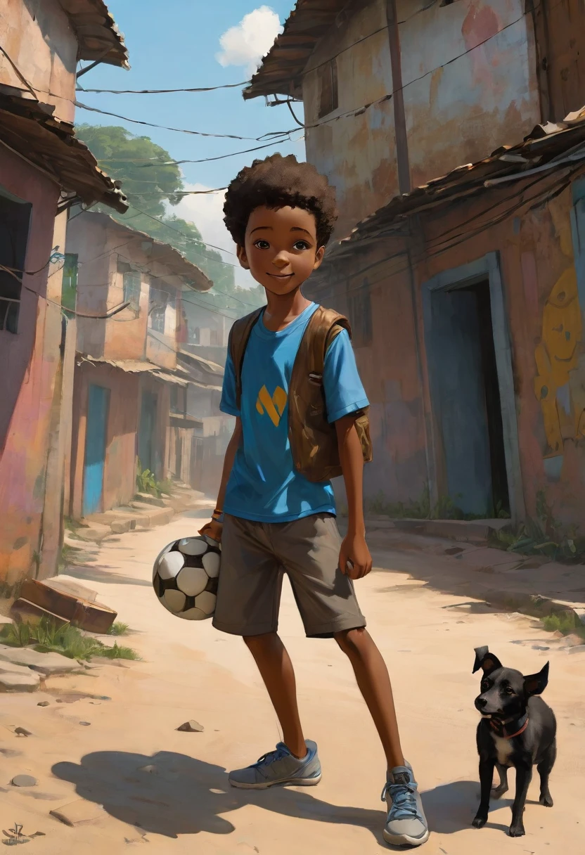 A poor Afro-Brazilian boy in a favela of Porto Alegre Rio Grande do Sul Brazil drawn by Todd McFarlane and Greg Capullo, he is wearing old and torn clothes, he is playing with a soccer ball and playing with his little dog, a favela in the background, Robert Downey Jr Reference.., engine unreal, octane rendering, por Jacob Lawrence e Francis picabia, perfect composition, beautiful detailed intricate insanely detailed octane rendering trending on artstation, 8k art photography, photorrealistic concept art, soft natural volumetric cinematic perfect light, Bright dark, rewarded photography, artwork, oil on canvas, rafael, Greg Rutkowski, beetle, Beksinski, giger, beautiful perfect face with perfect face, a smile on the face with two large central incisor teeth, the detail, highy detailed, photo realist