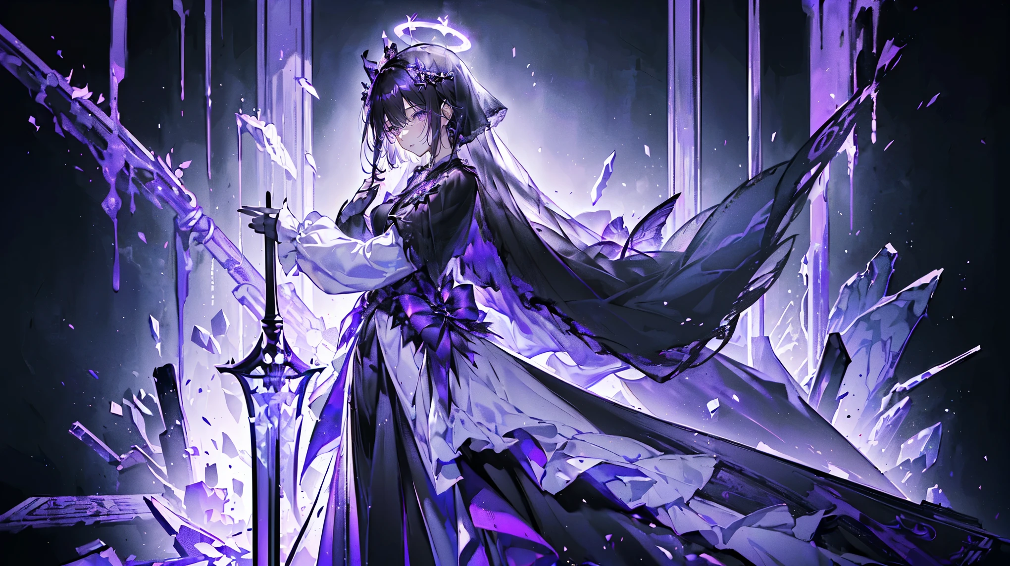 (Super detailed)),((illustration))，((masterpiece)),(((need))),((fine、Highest quality CG Unity 8K wallpapers，masterpiece），（（4K，masterpiece，best quality）），Black hair queen，Sexy，Lilac eyes，Standing upright in a coffin，Mature，Hair Bunch，Hair tied on both sides，Black and gold gauze robe，Black and purple French vintage clothing，Gorgeous pure black cape，Black veil，Purple-white halo，Black and purple high heels，Wearing a crown on the head，Holding a knight&#39;s sword，pyramid，Emitting dim purple light，under deep sea，under deep sea的废墟，under deep sea排满棺材，Mysterious symbols