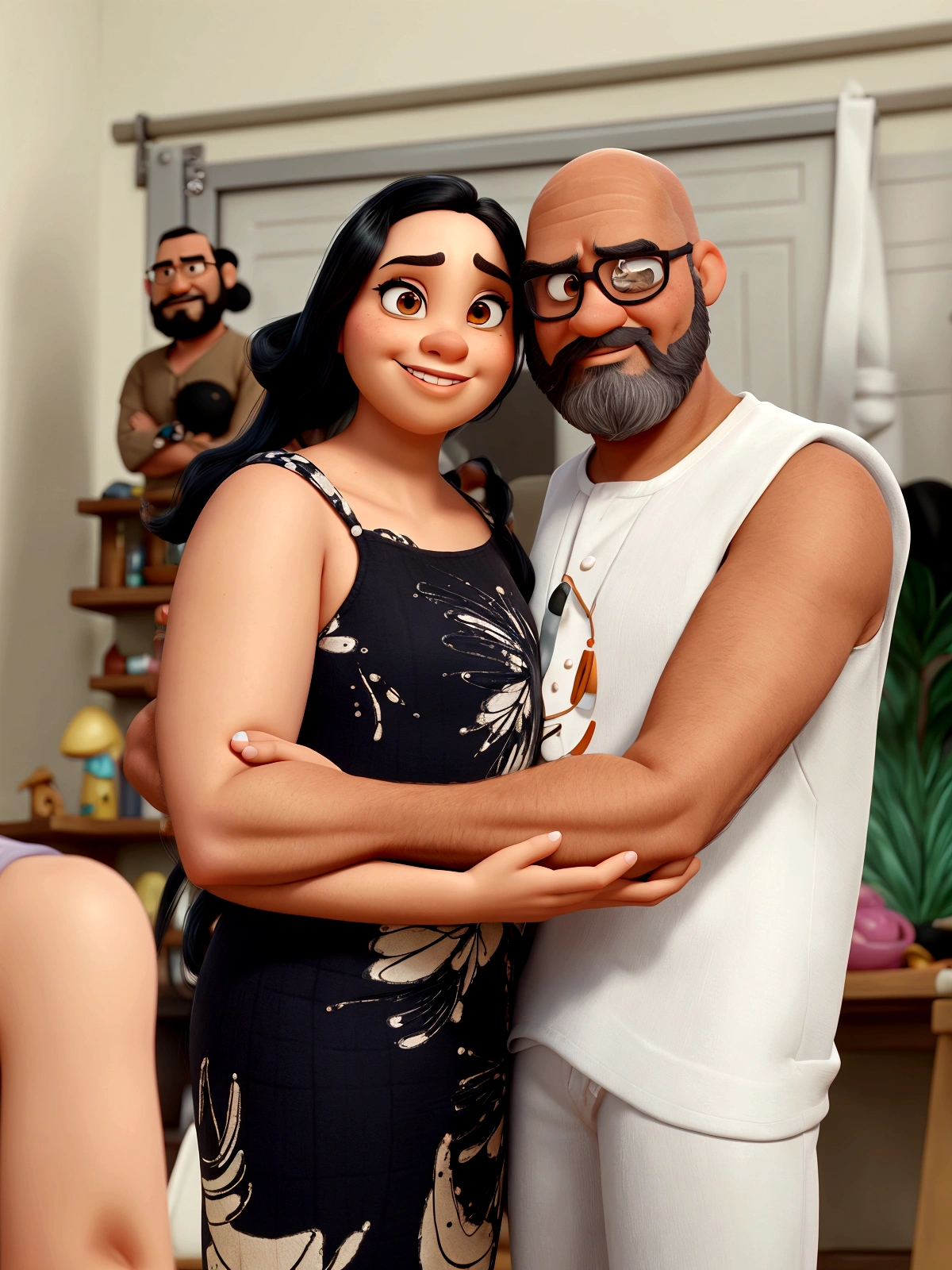 Pixar Style: Black-haired Woman and Bald Man with Beard