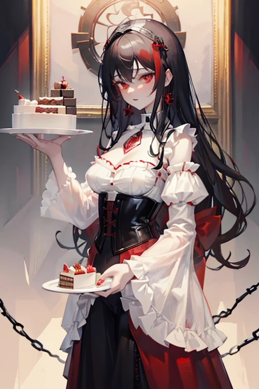 Black curly hair, red eyes, 21 years old, Pale skin, Female, Hour glass body w/ pale skin, Diamond & silver crown, Black & red detailed corset, black lace false collar sleeves, black claw hand jewelry, eating pastry, holding a plate of cake.