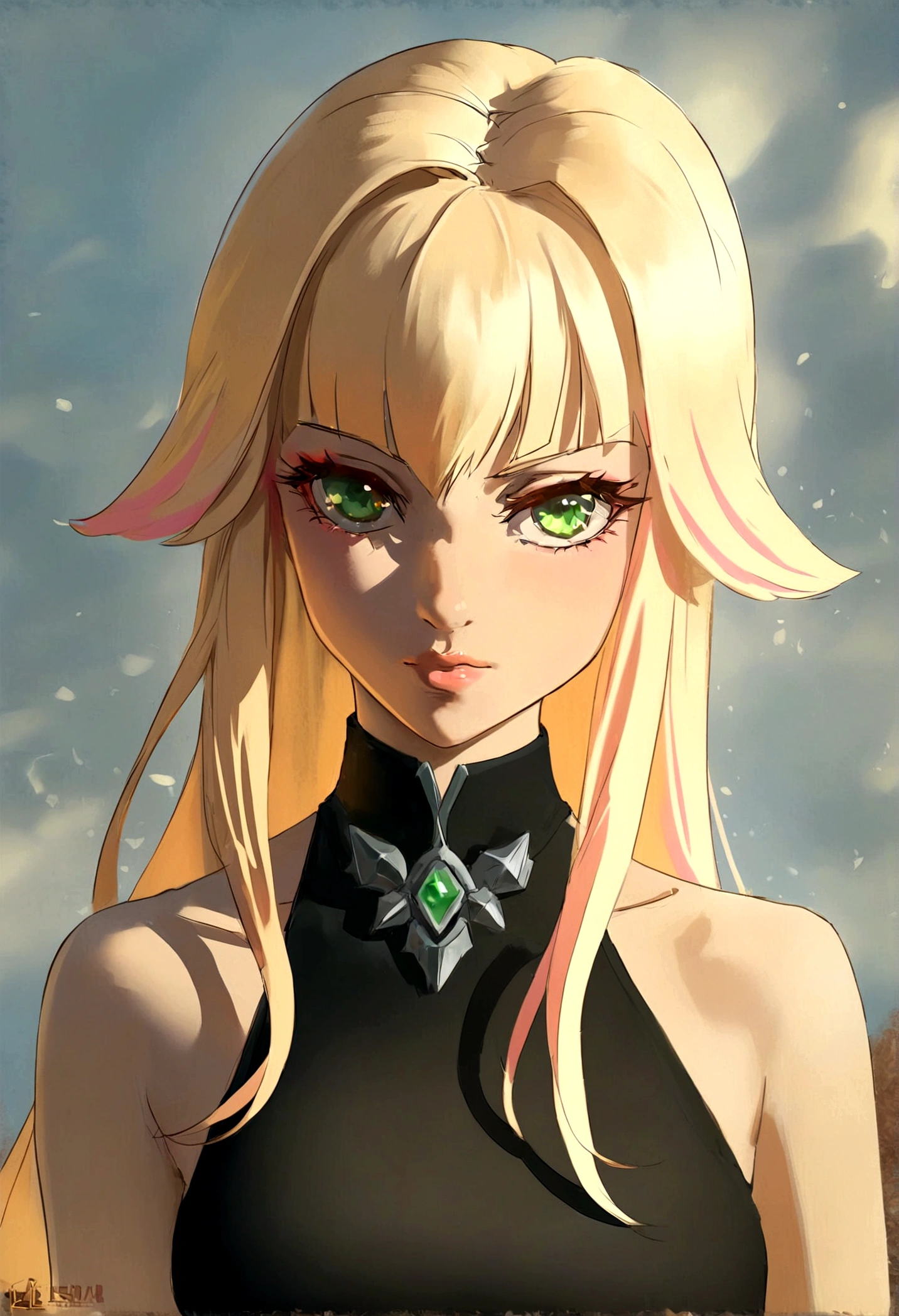 woman blonde hair green eyes and pink batm and a black top, realistic art style, RossDraws portrait, Artgerm portrait, Anime realistic artstyle, 4K realistic digital art, 4K realistic digital art, 8K Artgerm Bokeh, DeviantArt Artstation CGScosiety, ArtGerm extremely detailed, made with anime painter studio, RossDraw digital painting