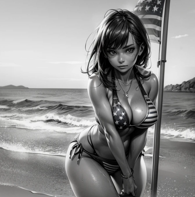 a woman in a bikini posing on the beach with a flag on her bikini, bikini model, patriotic!, victoria's secret model, vsx, swimsuit model, attire: bikini, gorgeous bikini model, victoria's secret, stars and stripes, cute bikini, realistic bikini, bikini armor, bikini, pokies, bikini + tattered military gear, bathing suit,
