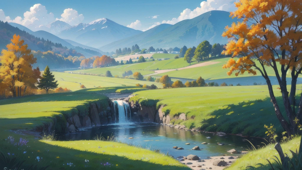 Painting a Summer Landscape - Capturing the Beauty and Serenity of a Sunny Day in the Countryside. The picture must be colorful and vivid., Warm colors and bold brushstrokes create lush landscapes., Gentle hills, And the blue sky. You can also include small streams, Some trees, Or by painting a farmhouse in the background.、It can add depth and interest to your drawings.。. To create a sense of balance and harmony、Pay attention to the position of the elements and the overall composition of the painting。. Use your imagination and creativity、Bring your scenes to life on your canvas, Try different techniques and styles、Achieve the effect you want。.A vast, natural prairie、