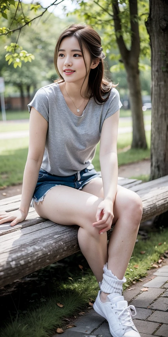 masterpiece, best quality, Surreal, Ultra Detailed, 8k resolution, RAW photos, Clear focus, (A girl in the forest), ((light gray shirt)), sleeveless, sports Shorts,, Solitary, Perfect body, Perfect body,Playful and flirty pose,The calves are straight and thin:1.5,Wear high-end brand colored sneakers:1.5, Bangs to eyebrows、Beautiful brown hair、Beautiful and delicate eyes、Brown eyes、Raise an eyebrow、Bangs to eyebrows、Beautiful brown hair、Beautiful and delicate eyes、Brown eyes、Raise an eyebrow、High Nose、Small nostril、Little mouth、Tempting lips、Mouth slightly open、Beautiful breasts、Full body、Oval face,Phoenix Eyes,Eyebrow, Double eyelids, Long eyelashes, A faint smile, full-body shot:1.2,She has a pair of eyes as clear as water,Eyebrows are like distant mountains,Creamy skin,Lips like cherry blossoms。Her beauty is not only in appearance,It's more about her fragile yet tenacious temperament,Like a hibiscus flower swaying in the wind,It's pitiful, A faint smile, full-body shot:1.2,Playful and flirty pose,The calves are straight and thin:1.5,Wear high-end brand colored sneakers:1.5,
32 inches in the chest,(a charming smile:1), (sexy pose),26 years old, light,White shoes,