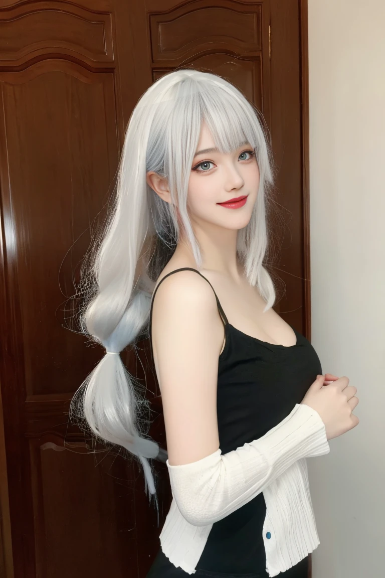 best quality, tmasterpiece,Ultra-high resolution,Clear face,(Reality:1.4),ferpect lighting,(full body), (photorealistic:1.50), anime wallpaper, Guviz style artwork, cover-up fantasy up to magic , by Yang J, Guviz, beautiful artwork illustration, beautiful digital artwork, beautiful digital illustration, Li Song, beautiful anime portrait, art style in Beauvot, 1girl, 独奏, bangs, One braid hair, (white hair), Hair covers one eye, hair ornament, Earring, Blush, red cheeks, blue eyes, Double eyelids, Long sleeve white t-shirt, Bare shoulders, (super Giant breast:1.5), (shagging breasts:1.3), Short pencil skirt, Black skirt, standing, room, Background inside the house, looking at viwer, smile, Slim body, Arms behind back,