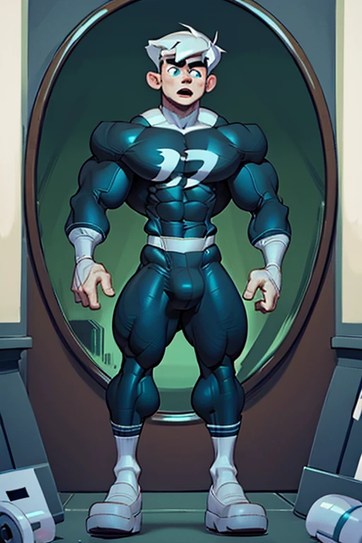 (Masterpiece) (Hyper muscular) (3 boys) Danny Phantom, Dash Baxter, ghost, hypnosis, jock, conversion, locker room hallway, hyper muscles, jockstrap, bro, meathead, hypnotized, brainwashed, brainwashing, big dumb jock, football. Glowing blue eyes. Hyper crotch bulge. Massive bulging crotch. Big balls. Big biceps. Big triceps. Big traps. Broad shoulders. Big meaty pecs. Big thighs. Thick glutes. Hyper muscles. crew cut. Football team assimilation. Well endowed. Clothes turning into Casper High School football uniform. Danny Fenton looks shocked at his reflection in a mirror and gradually transitions to a dull vapid expression instead as his eyes glow. "Gah! What happened to me? I look like a—! Like a ... BIG ... DUMB ... JOCK...." Open mouth. Blank stare. digital painting. Very detailed.