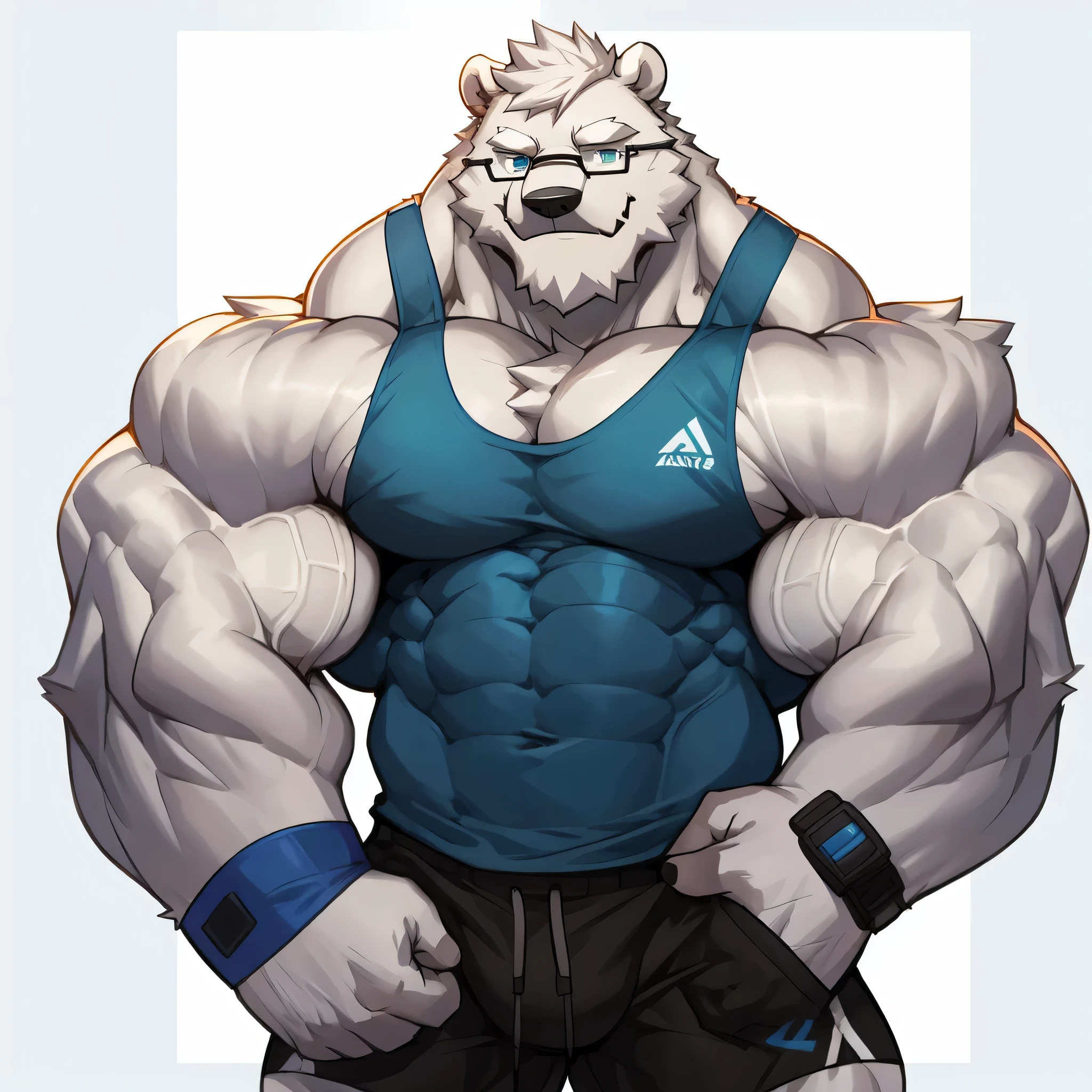 solo, 1boy, Huge Muscular White Polar Bear wearing glasses, huge white fur, pectoral, huge pectoral, wide pectoral, short white hair, blue colored short pants, blue colored wristbands and blue colored tank top, white bearded, white Mustache, white fur, simple background, masterpiece, high detailed, 8k, high resolution, at the gym, flexes huge muscles, looking at the viewer, acting all sexy