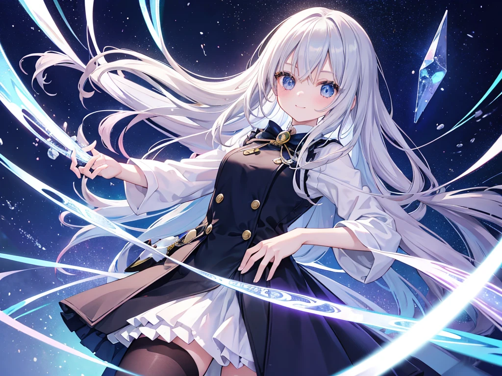 kawaii, anime, Cute, hyper quality, highly detailed, 16k, Front facing, Clarity, long straight silver hair, lapis lazuli eyes, one girl, medieval worldview, pale colors, smile, bell, office, black butler uniform, upper body, cool, accessories, Fantastic, light effects, bell, twenty years old, noble lady, bell, Astrology, Posture with a little movement, dignified expression,