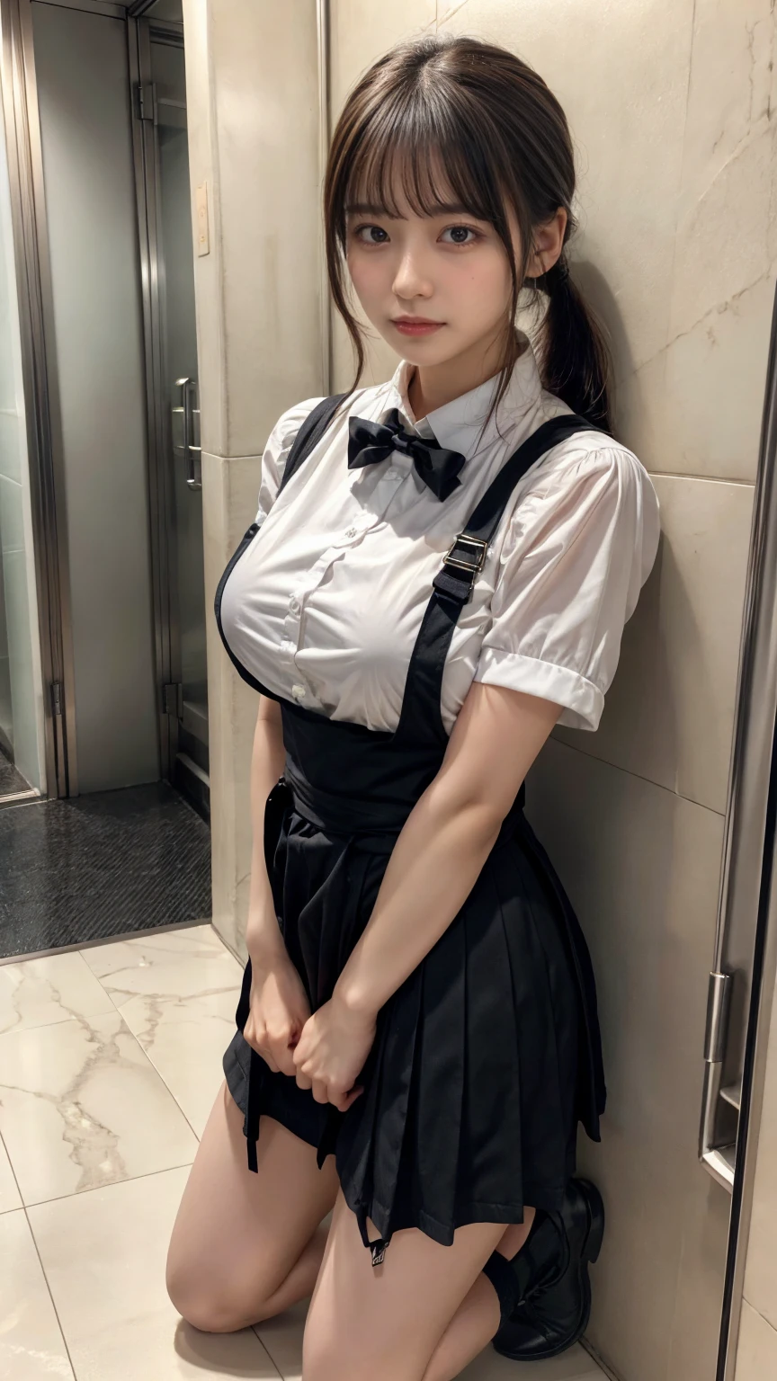 (8K, RAW Photos, Highest quality, masterpiece:1.2), (professional photography, full colors, studio-caliber color grading), (Gravure quality for high-end fashion magazines), close up, BREAK,18 year old girl,(perfect long ponytail:1.1), crying a little, Harajuku style, Big Natural Color Lip, (Plumpy body:1.2), (smooth skin:1.1 (huge breasts:1.2 (expresses the roundness and softness of the chest area..:1.1 BREAK (waitress uniform, restaurant)