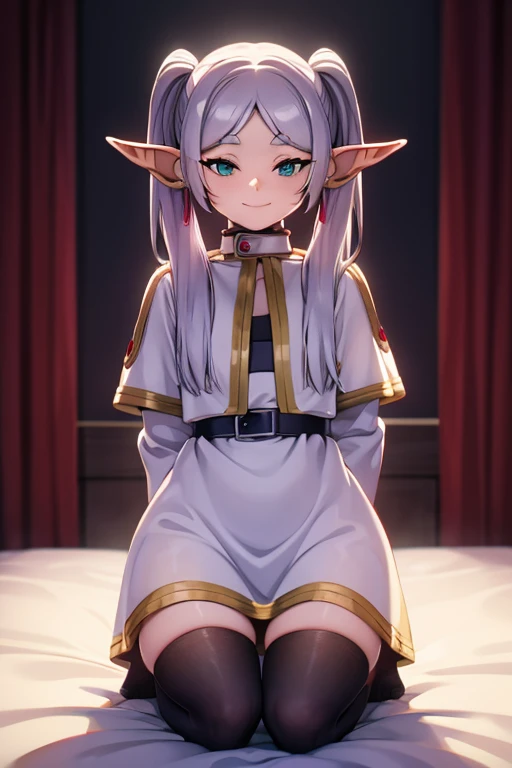 kneeling down on bed, with transparent white shirt, naughty smile, elf ears , perverted , black tights , numa pose sexy, taking the dress and showing the panties 