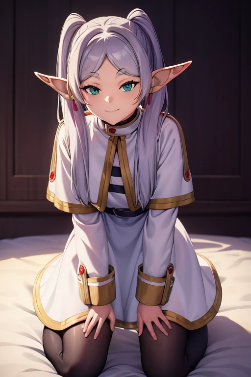 kneeling down on bed, with transparent white shirt, naughty smile, elf ears , perverted , black tights , numa pose sexy, taking the dress and showing the panties