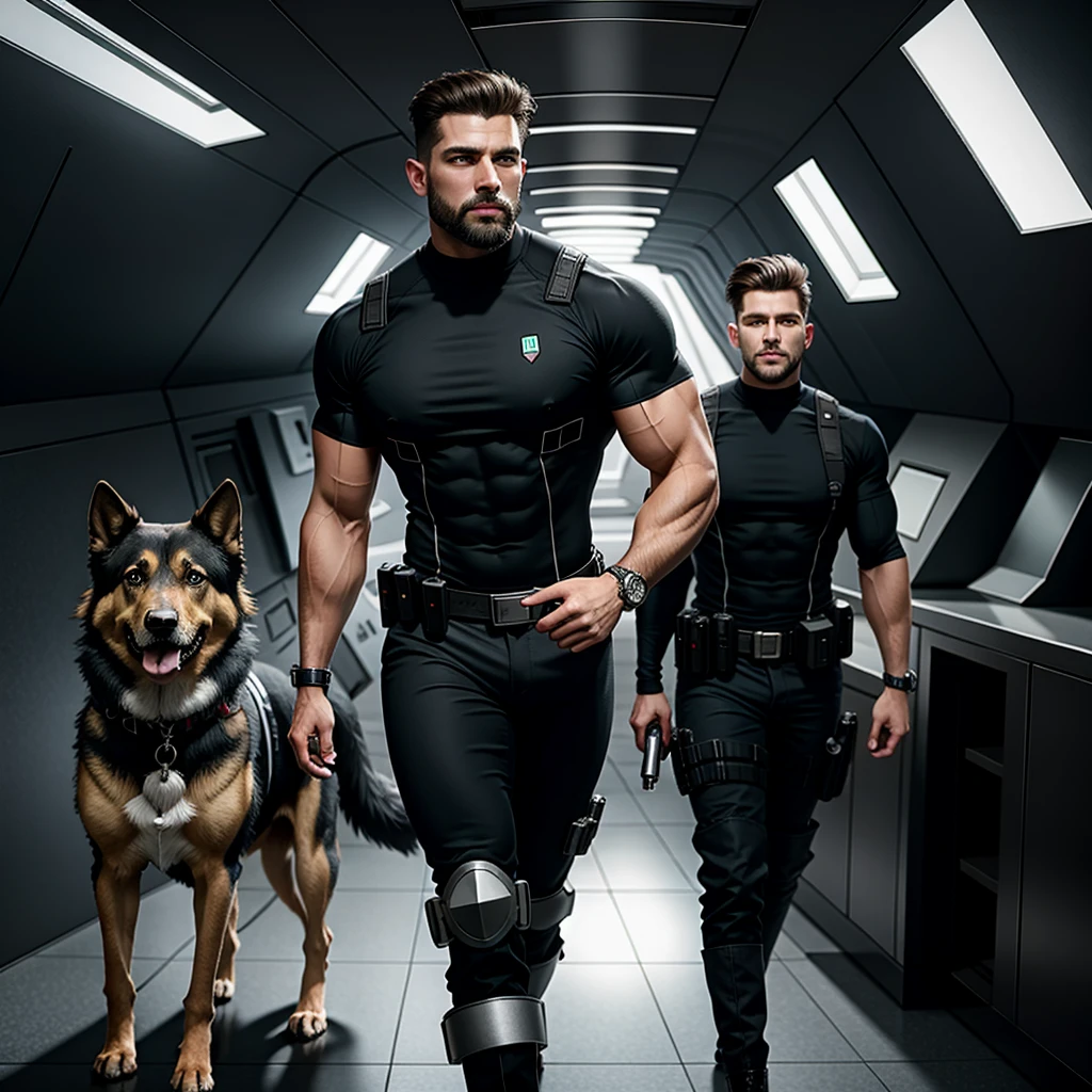 High resolution image of a cyborg man alone, very muscly, Caucasian skin, showing the whole body, long straight hair, muscular arms, wearing cyber pants, in muscular body, wearing silver cyborg boots, holding a Glock gun in his right hand, with his muscular German Shepherd cyborg dog , Walking inside an alien ship, looking at the camera, perfect face in Italian style, fine nose, squared chin, with beard, pink lips, ultra resolution, 8K, super realism.