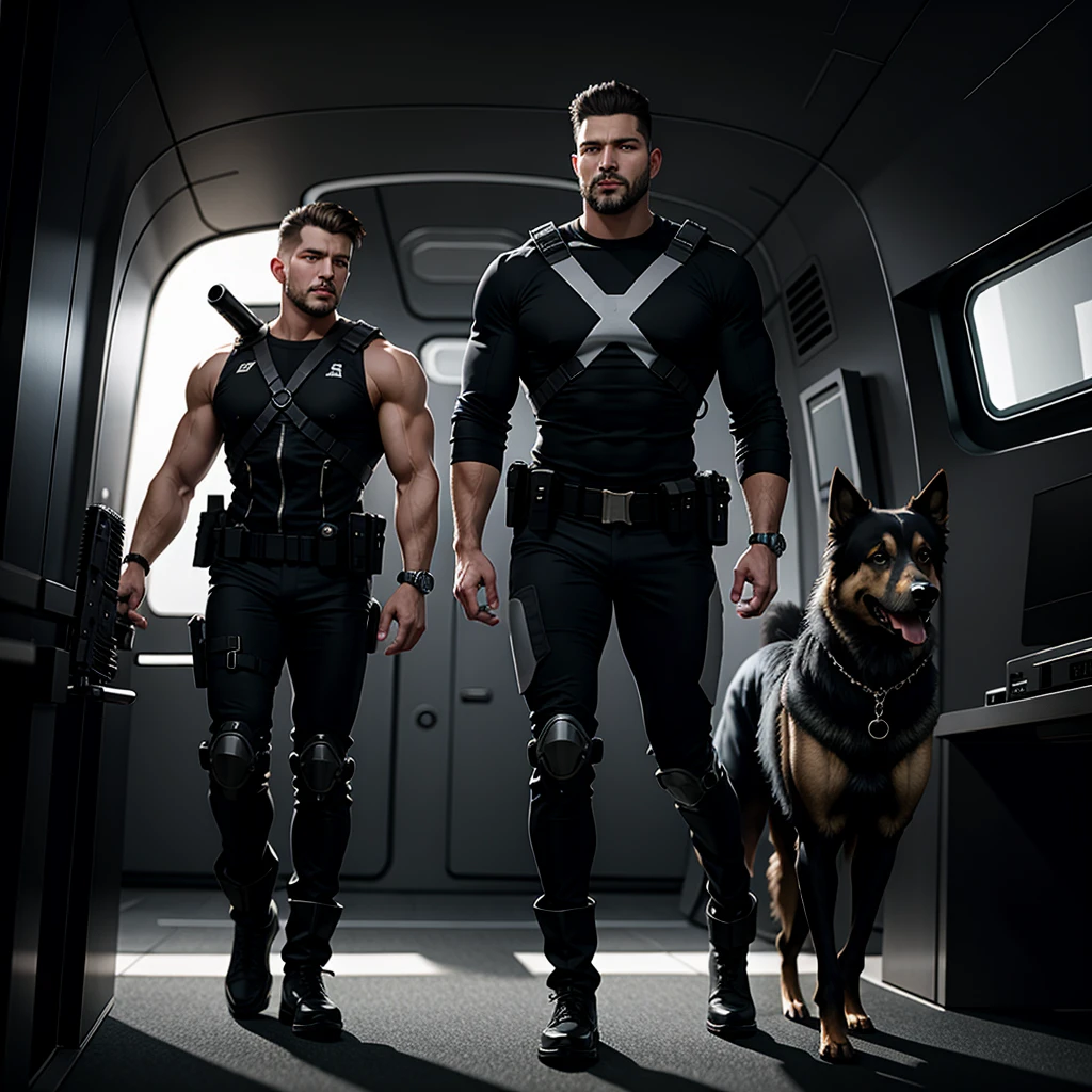 High resolution image of a cyborg man alone, very muscly, Caucasian skin, showing the whole body, long straight hair, muscular arms, wearing cyber pants, in muscular body, wearing silver cyborg boots, holding a Glock gun in his right hand, with his muscular German Shepherd cyborg dog , Walking inside an alien ship, looking at the camera, perfect face in Italian style, fine nose, squared chin, with beard, pink lips, ultra resolution, 8K, super realism.
