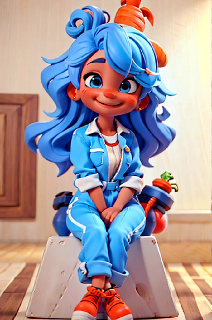 ((sitting)) ((happy)) cute in a square, perfect, Kizi, 3d, She has curly carrot-colored hair. Your skin is slightly tanned. It has a rounded e. He is dressed in a blue and white striped jumpsuit..