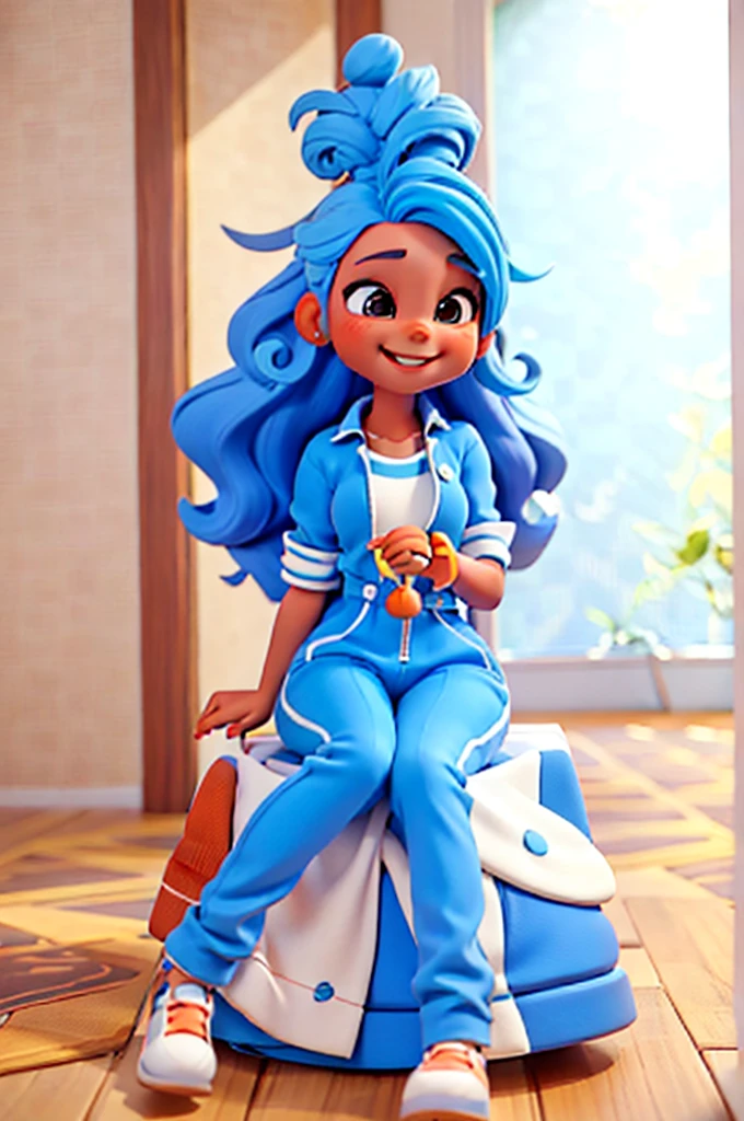 Kizi, 3d, She has curly carrot-colored hair. Your skin is slightly tanned. It has a rounded e. He is dressed in a blue and white striped jumpsuit., sitting, happy, in a square, Park.