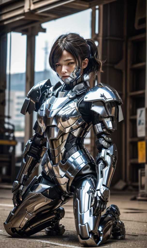 Textured skin, Super detailed, Attention to detail, high quality, 最high quality, High resolution, 1080P, hard disk, beautiful,(War Machine),beautifulサイボーグ女性,red and black mecha cyborg girl,Battle Mode,Girl with a mechanical body(armor red 7、black 3 ratio),She is wearing a futuristic combat weapon mecha、Very Short Hair、Brown eyes、Sweaty face、Tired look、 Open your mouth Sexy Eyes Steam coming out of the head Kneel Full Face Destroyed combat uniforms Heavily damaged armor Sweaty face Woman with distressed expression completely and partially destroyed