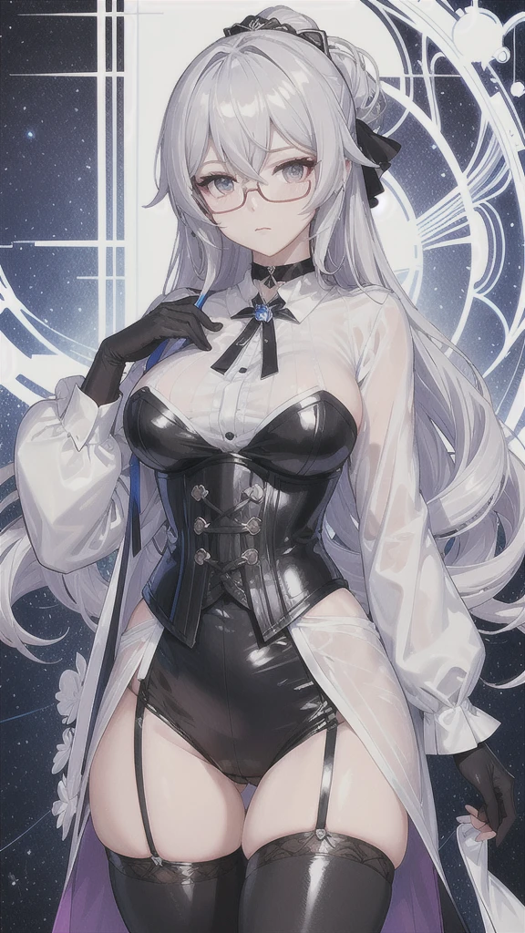 Masterpiece, Beautiful art, professional artist, 8k, detailed body, Very detailed face, very detailed eyes, Detailed clothing, detailed fabric, Best Quality, better resolution, 1 girl, bronya zaychik \(Honkai Impact 3rd\), front view, standing, big breasts, serious expression, At night , silver hair, glasses, choker:1.6, (white collar button down long sleeve shirt), (shiny black corset), black gloves that cover your hands, (shiny black leggings), looking at the viewer, elegant room, At night