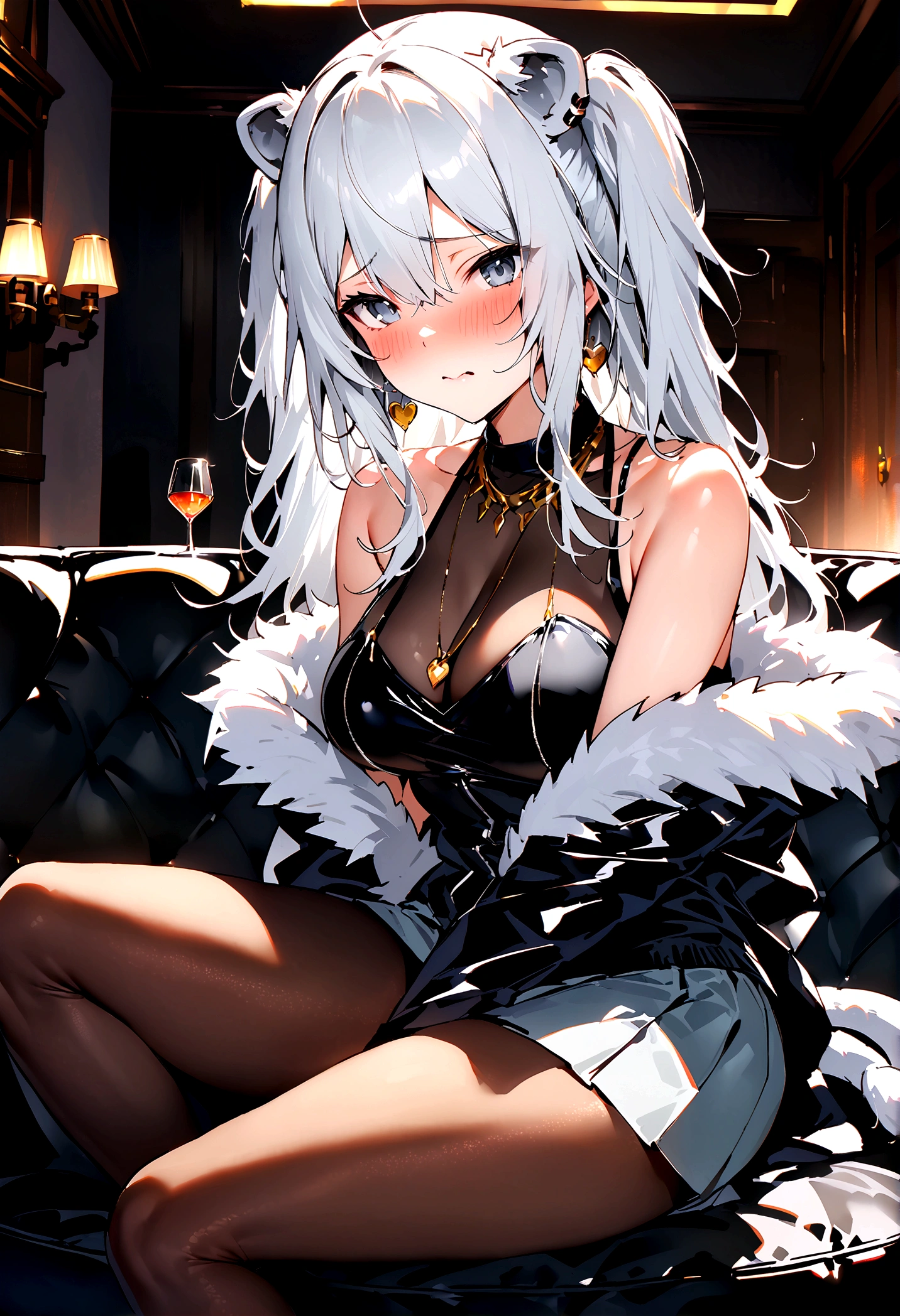 NSFW,masterpiece,Highest quality,High resolution,Super detailed,Shishirabotan\(Hololive\),Long Hair、Two Side Up、Earrings、Lion's Tail,necklace、Black Shirt、Sleeveless shirt、abdomen、See-through、Grey Skirt、片足pantyhose、pantyhose、fur-trimmed jacket、Black jacket、Off the shoulder,Black sexy panties,Embarrassed,blush,Luxurious Room,pub,Private room,sofa,Cocktail Glass,(Drunk),(Intoxication),Sitting in a chair,heart,Sexy pose,Panty shot,Nampa,From the side