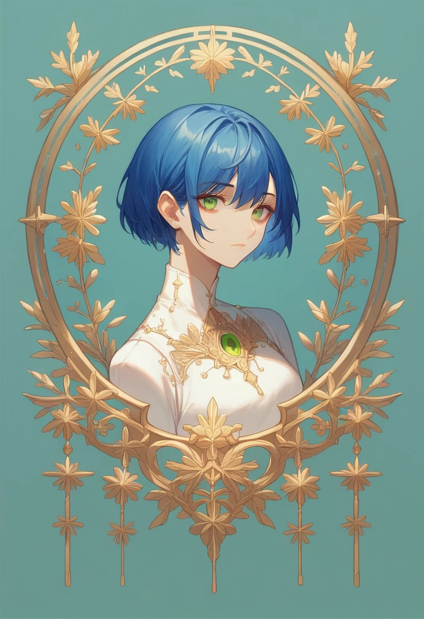 Ultra-precision,masterpiece, Highest quality,(((Full body portrait))),One Girl,Short bob hairstyle, Blue Hair、beautiful girl,16-year-old girl,(look at me),Pretty face,((Short bob hairstyle, Blue Hair)),Long Hair,(Green Eyes),Detailed slanted eyes,Cool look,German style costume,Slim figure,Simple Background,