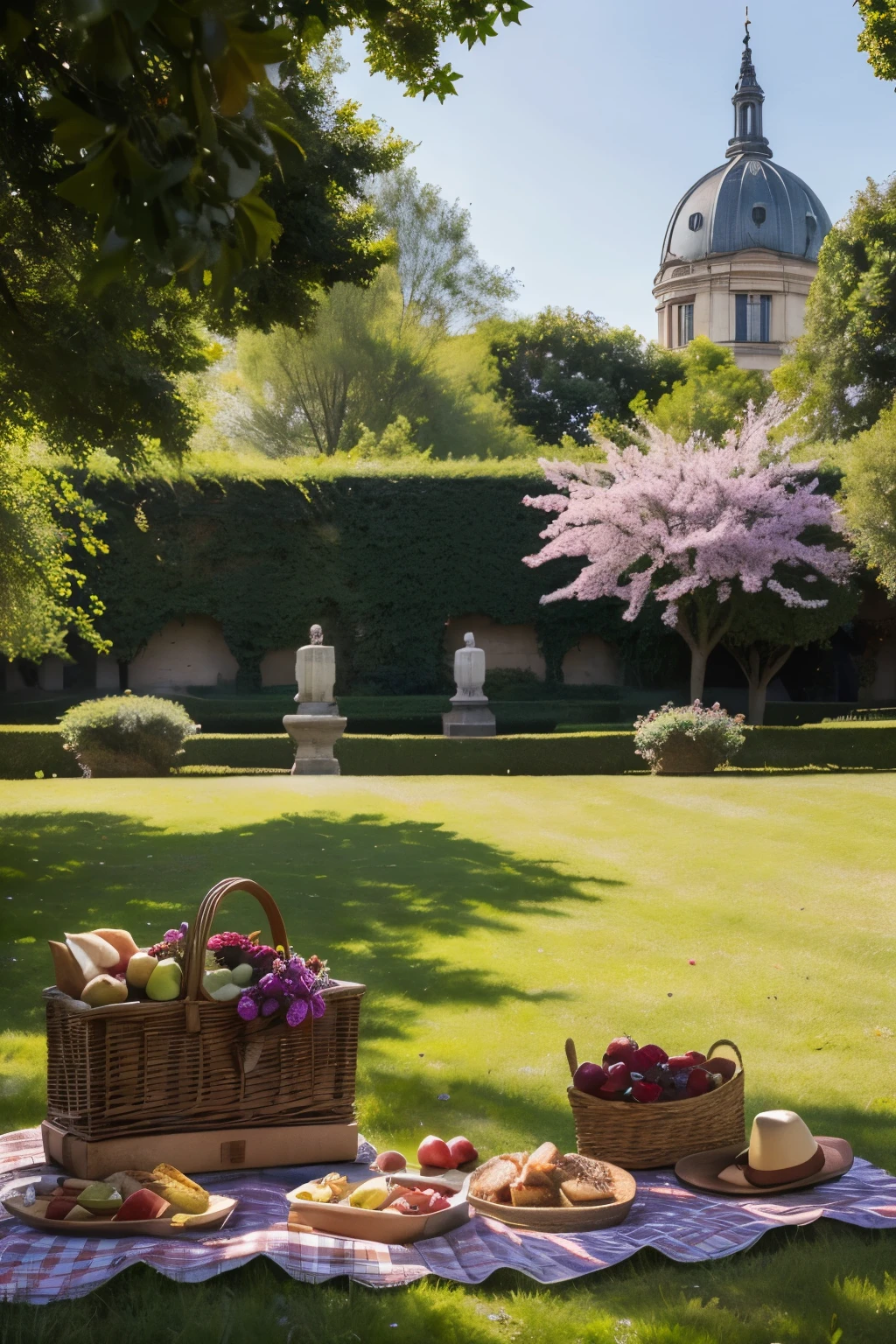 Por favor, create a super realistic image of a tourist attraction in France called Luxembourg Garden. The image should capture a sophisticated picnic scene with natural lighting. En el centro de la imagen, there must be an open picnic basket, covered with a red checkered cloth spread on the floor. Inside the basket, there must be a healthy snack, including gourmet sandwiches, fine cheeses, artisan breads, and a selection of fresh fruit, like grapes, strawberries and apples. The scene should be surrounded by the natural beauty of the garden, with green trees, colorful flowers and view of the palace in the background. The image should have an elegant and sophisticated aesthetic, perfect for an Instagram post, as if it had been taken at the exact moment of the picnic.