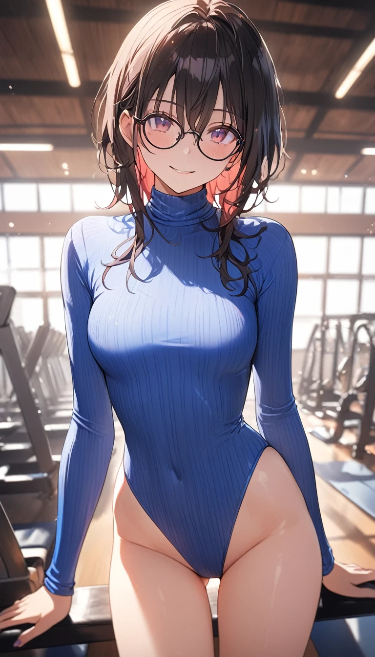 highquality illustration, masterpiece, very delicate and beautiful, attractive girl,(colorful leotard, heattech leotard,tight leotard,long_sleeve leotard,ribbed leotard,high_leg leotard,turtleneck leotard), thin,slender body,slim,gymnastics club,gymnastics athlete,bare legs,gymnasium background,beautiful eyes, light smile,(masterpiece, best quality:1.2), highres, extremely detailed CG unity 8k wallpaper, perfect lighting, Colourful, ultra-high res,4K,ultra-detailed, photography, 8K, HDR,   ages,Glasses,cowboy shot,