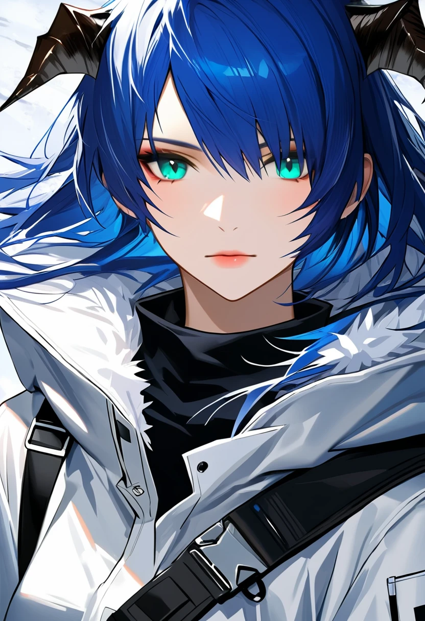 (woman), ((Mostima from arknights)) , masterpiece, best quality, ((Bluer hair long)), horns, plain white shirt, white coat, black furred hood, realistic anime style, snow background, portrait.
