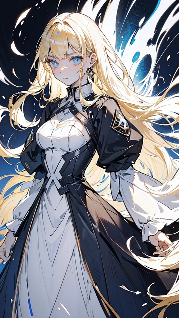 Nara Vor EndField has long, flowing blonde hair that reaches her waist and piercing blue eyes, reflecting intelligence and sharpness. She wears a wide, full-length black dress with a high collar, covering her completely and adding a touch of elegance. Her serious and focused expression suggests determination and readiness for a challenge. The abstract, glowing background enhances the mysterious and dramatic aura surrounding her, emphasizing her strong and charismatic presence.