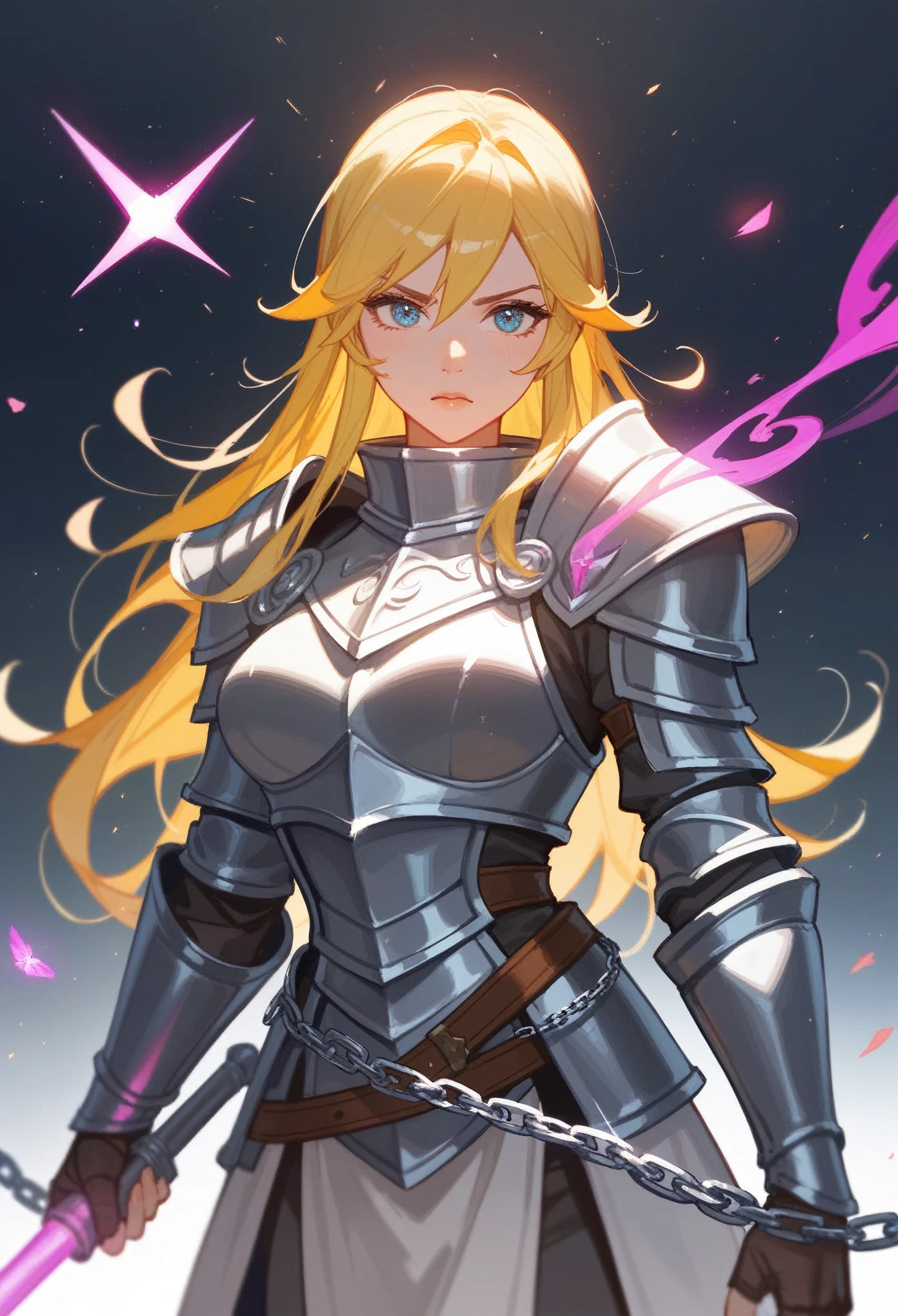 (Fraction_9,Fraction_8_Direction_7_up),1 Woman,Half Body,Yellow hair,silver chain mail,There was a woman in armor,sideways,Long legs,Paladin, Portrait of a Knight Woman, Female Paladin, 幻想 Paladin女人, Female Knight, Female Knight, 中世纪Female Knight, Female Knight, Female Paladin, Magic Knight full map,A determined expression,Beautiful face,