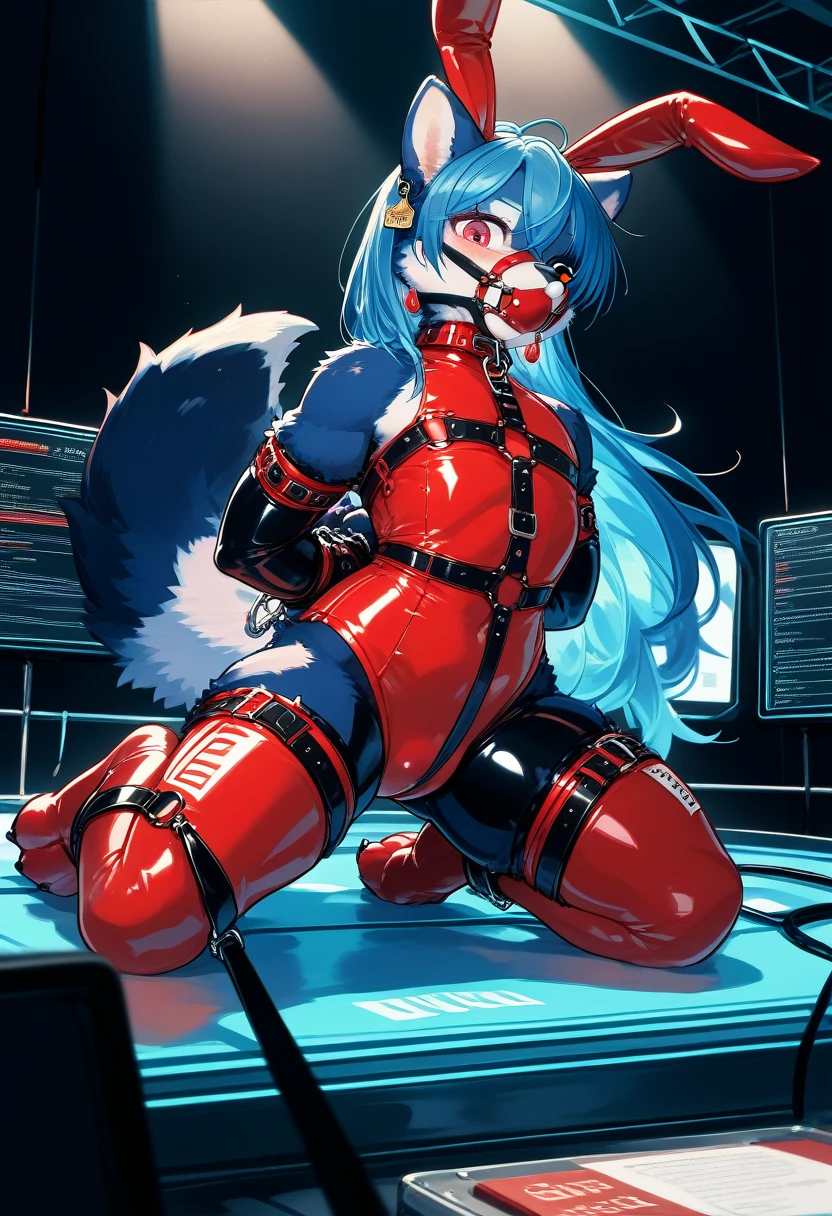 Highest quality, Highest quality, High quality illustrations, masterpiece, Ultra-high resolution, Detailed Background, Auction Venue, Absurd, Perfect Anatomy, Performance, Good lighting, Shadows in the movie(kemono, Furry Personification), Rubber Suit, latex, Bunny Suit, ribbon, Earrings, male, Handcuffs, Shackles, Red harness, gag, Being restrained, Bondage, price tag, null bulge, displayed on stage