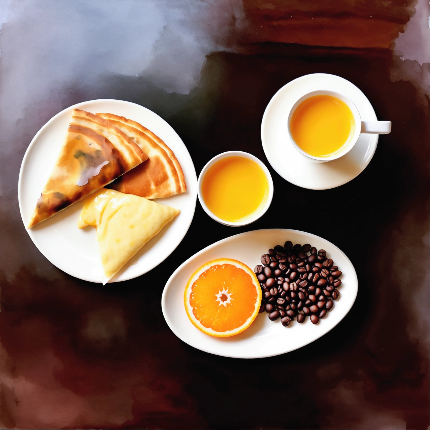 A watercolor painting of javanese indonesia breakfast menu, with a cup of coffee and orange juice, isolated, surrounded with negative space, vector clipart