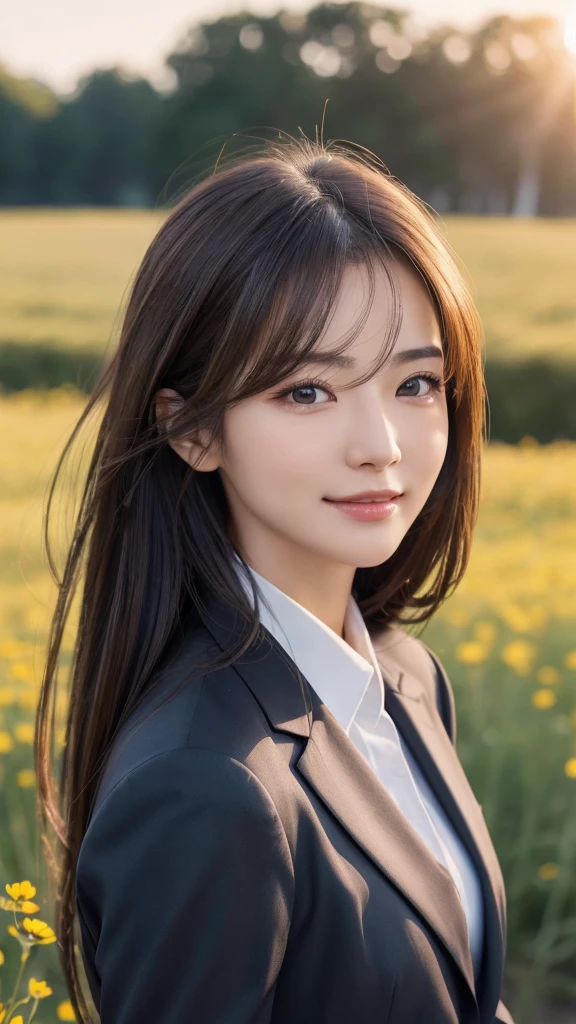 highest quality、genuine、Super detailed、finely、High resolution、8k wallpaper、one beautiful woman、、、light brown disheveled hair、wearing a business suit、sharp focus、perfect dynamic composition、beautiful and detailed eyes、thin hair、Detailed genuine skin texture、smile、model body shape、In a windswept meadow